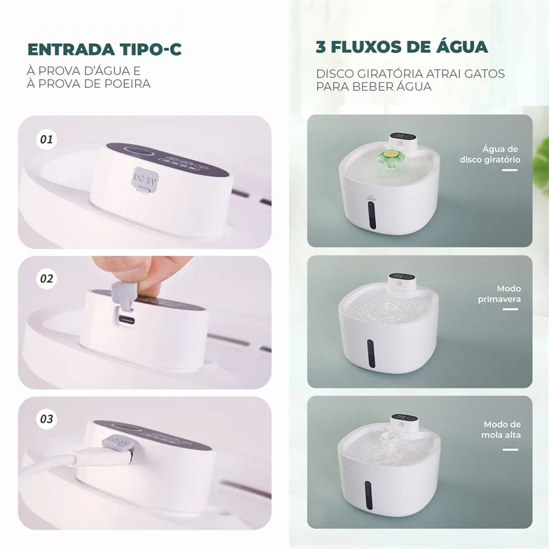 Bebedouro automático para gatos, com cabo USB/bateria, sensor inteligente